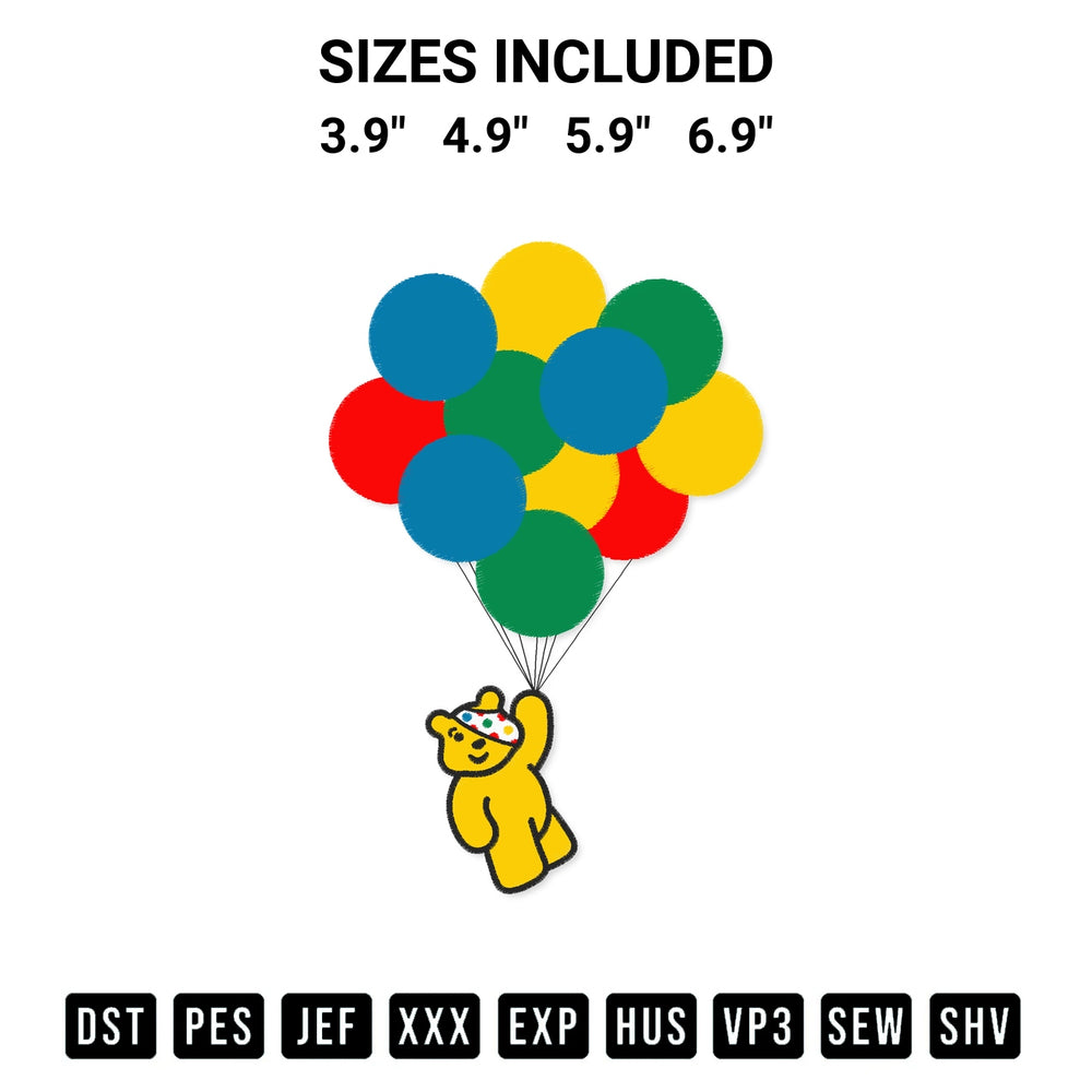 Looking for the perfect pattern? Download the Pudsey Bear With Balloons Embroidery Design embroidery design today at Designspacks.com. Crisp, clean stitching guaranteed. Available sizes: 3.9", 4.9", 5.9", 6.9".