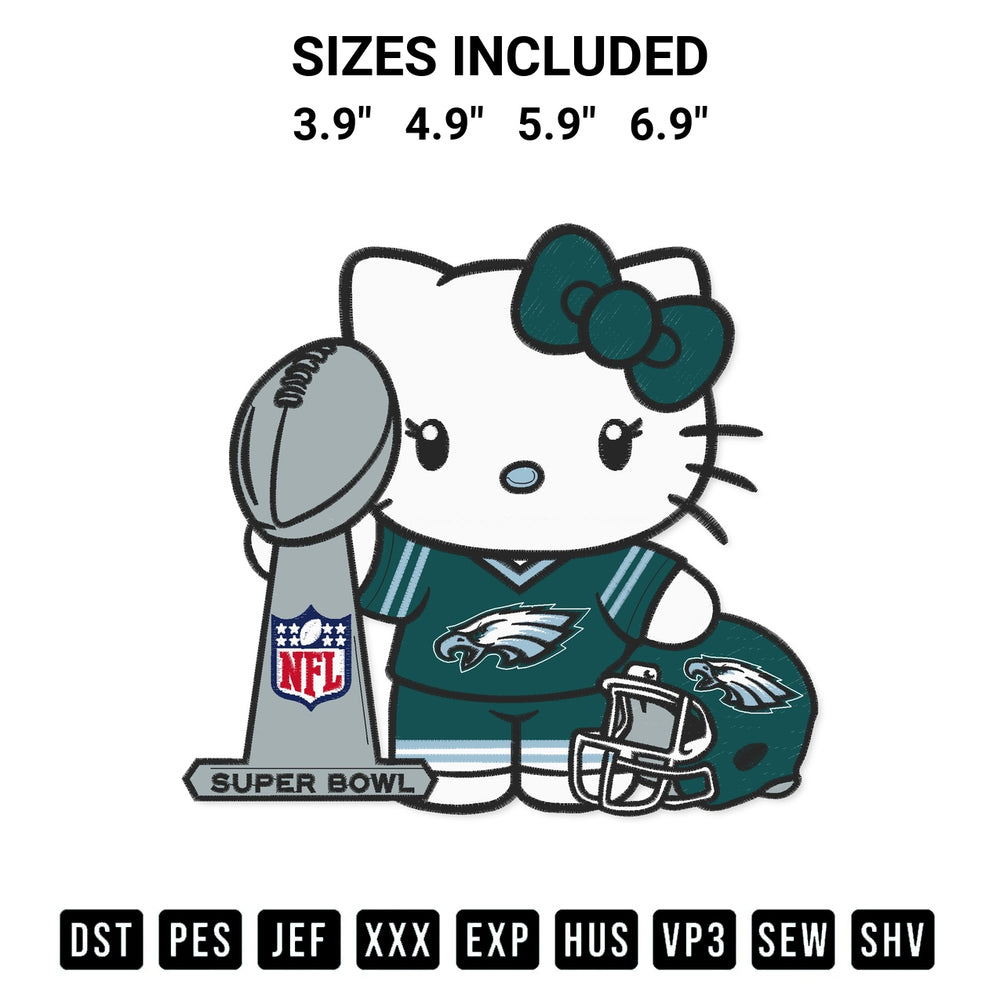 Add a unique touch to your apparel with the Hello Kitty Philadelphia Eagles Super Bowl 2025 Embroidery Design embroidery file. Premium instant download available now on Designspacks.com. Available sizes: 3.9", 4.9", 5.9", 6.9".