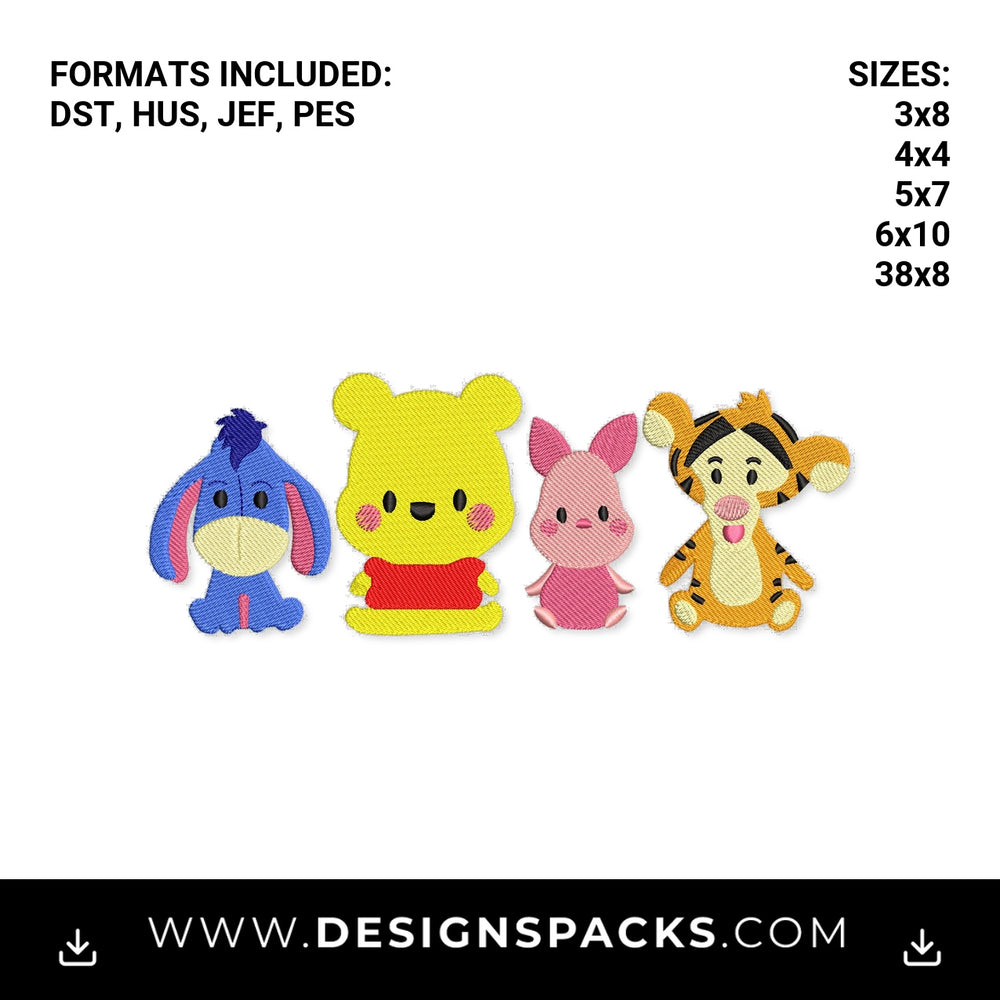 Cute Pooh Bear and Friends Lineup Embroidery Design - Instant digital download pattern at Designspacks.com