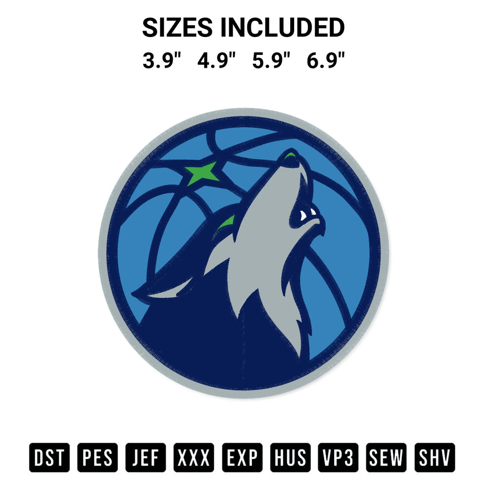 Stitch like a pro with the Minnesota Timberwolves Embroidery Design embroidery pattern from Designspacks.com. High-quality digital machine embroidery file. Available sizes: 3.9", 4.9", 5.9", 6.9".