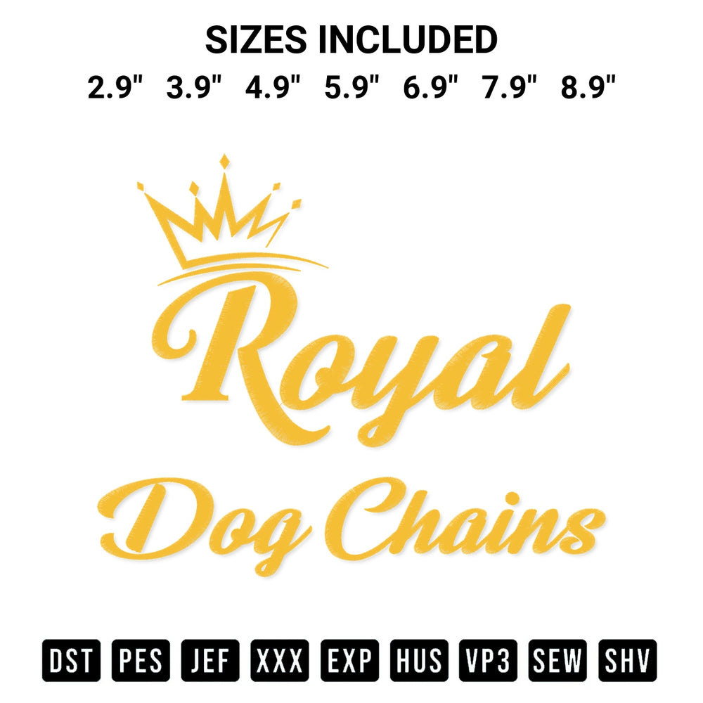 Create amazing crafts with the Royal Dog Chains Embroidery Design embroidery file. High-quality digital download from Designspacks.com, perfect for beginners and pros. Available sizes: 2.9", 3.9", 4.9", 5.9", 6.9", 7.9", 8.9".