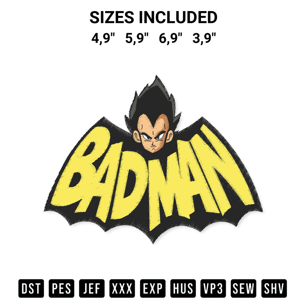 Elevate your next project with our Badman Dragon Ball Vegeta Anime Batman Funny Parody Logo Embroidery Design embroidery file. Shop high-quality digital patterns instantly at Designspacks.com. Available sizes: 4,9", 5,9", 6,9", 3,9".