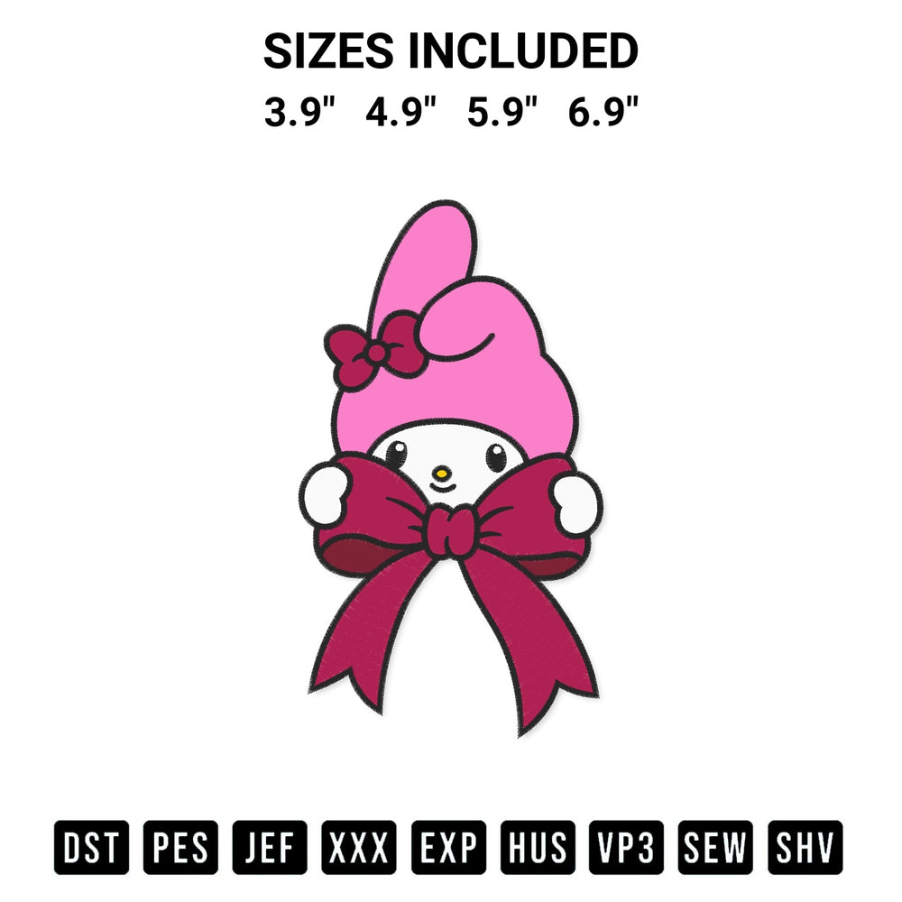 Create amazing crafts with the My Melody Coquette Bow Embroidery Design embroidery file. High-quality digital download from Designspacks.com, perfect for beginners and pros. Available sizes: 3.9", 4.9", 5.9", 6.9".