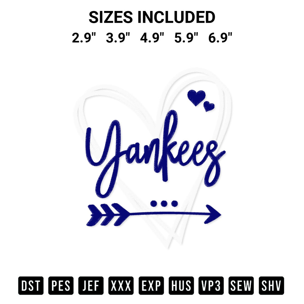 Shop the New York Yankees Heart Embroidery Design machine embroidery pattern at Designspacks.com. Beautifully digitized for flawless stitching on any fabric. Available sizes: 2.9", 3.9", 4.9", 5.9", 6.9".