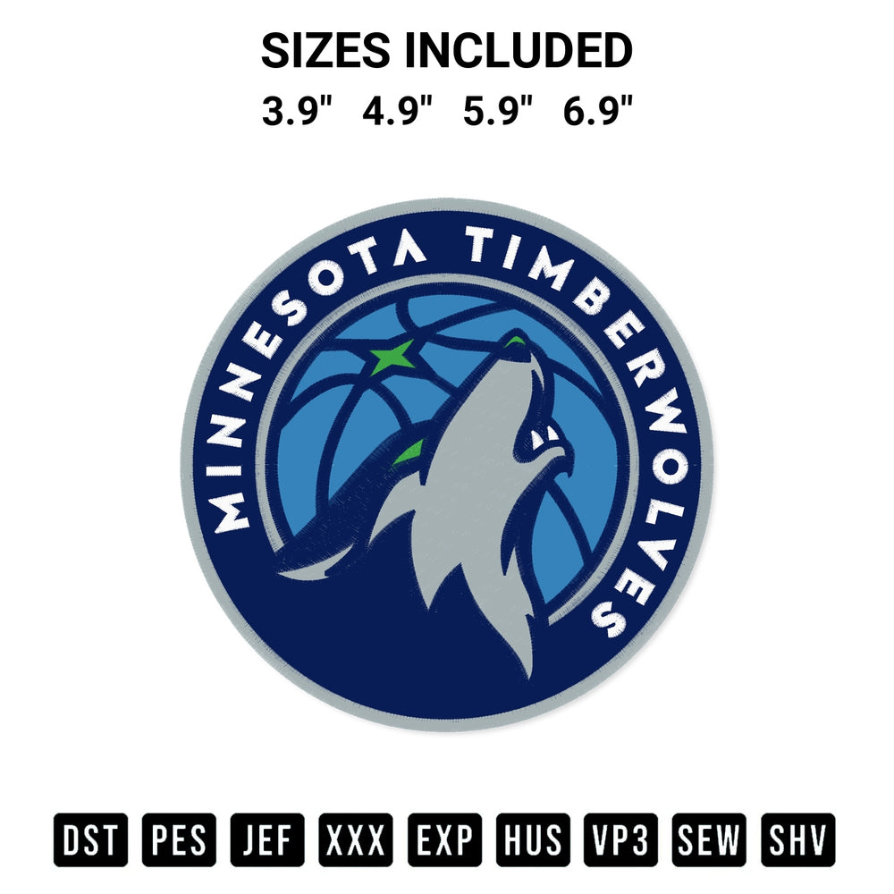 Stitch like a pro with the Minnesota Timberwolves Logo Embroidery Design embroidery pattern from Designspacks.com. High-quality digital machine embroidery file. Available sizes: 3.9", 4.9", 5.9", 6.9".
