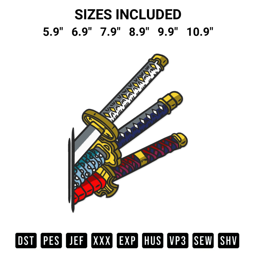 Create amazing crafts with the Three Swords Zoro One Piece Embroidery Design embroidery file. High-quality digital download from Designspacks.com, perfect for beginners and pros. Available sizes: 5.9", 6.9", 7.9", 8.9", 9.9", 10.9".