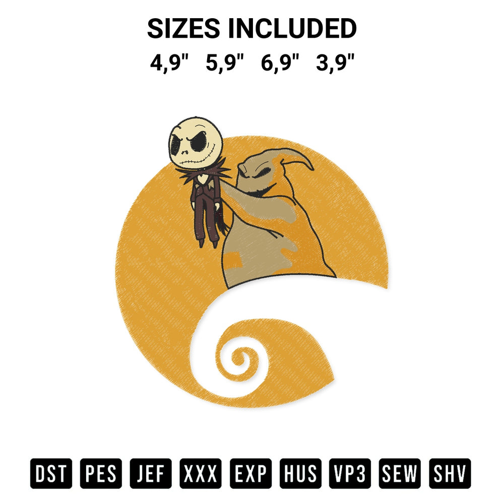 Elevate your next project with our Oogie Boogie And Jack Skellington Moon Disney Nightmare Before Christmas Logo Embroidery Design embroidery file. Shop high-quality digital patterns instantly at Designspacks.com. Available sizes: 4,9", 5,9", 6,9", 3,9".