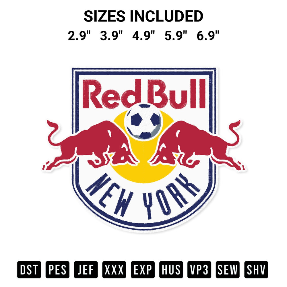 Transform your fabrics with the New York Red Bulls Embroidery Design embroidery design. Instant access to premium digitized patterns at Designspacks.com. Available sizes: 2.9", 3.9", 4.9", 5.9", 6.9".