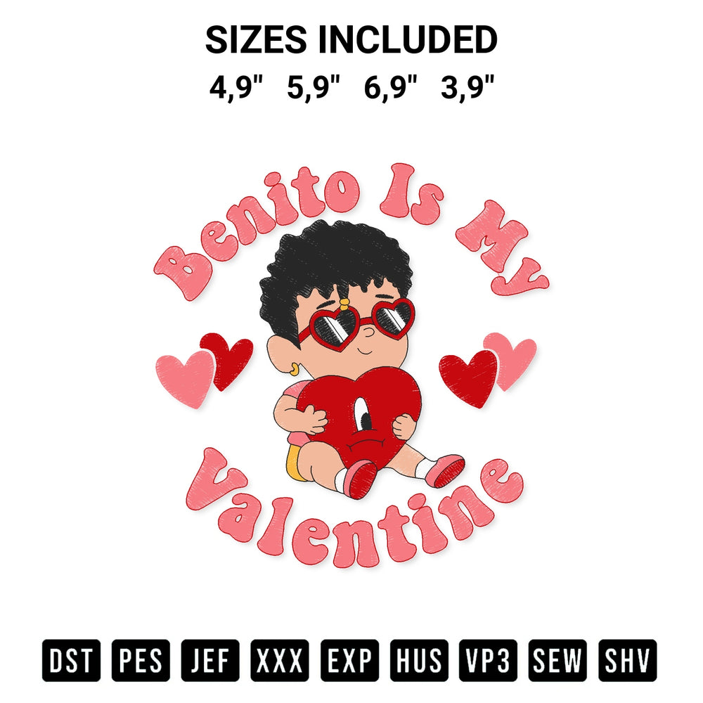 Create amazing crafts with the Benito Is My Valentine Bad Bunny Cute Baby Benito Valentines Day Embroidery Design embroidery file. High-quality digital download from Designspacks.com, perfect for beginners and pros. Available sizes: 4,9", 5,9", 6,9", 3,9".