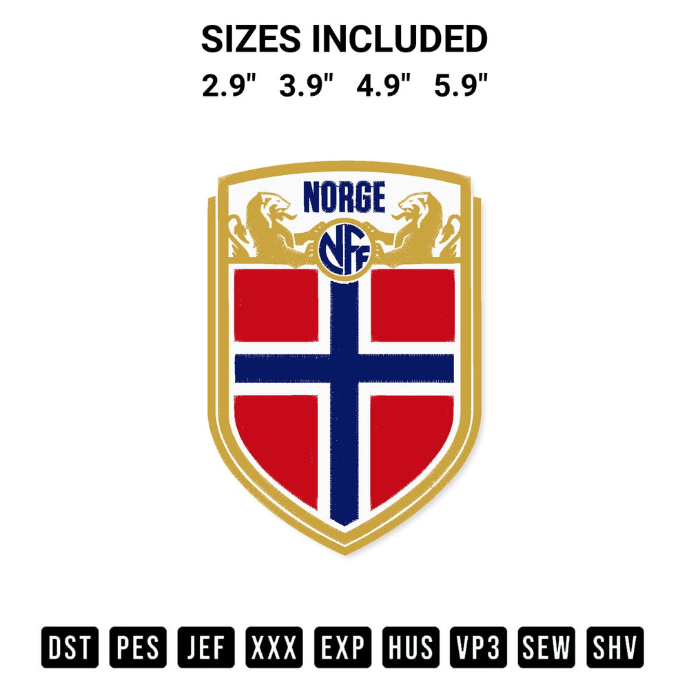 Download the Norway National Football Team Embroidery Design machine embroidery design exclusively at Designspacks.com. Premium digitized pattern for apparel and DIY crafts. Available sizes: 2.9", 3.9", 4.9", 5.9".