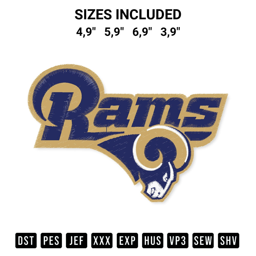 Stitch like a pro with the Los Angeles Rams Logo Embroidery Design embroidery pattern from Designspacks.com. High-quality digital machine embroidery file. Available sizes: 4,9", 5,9", 6,9", 3,9".