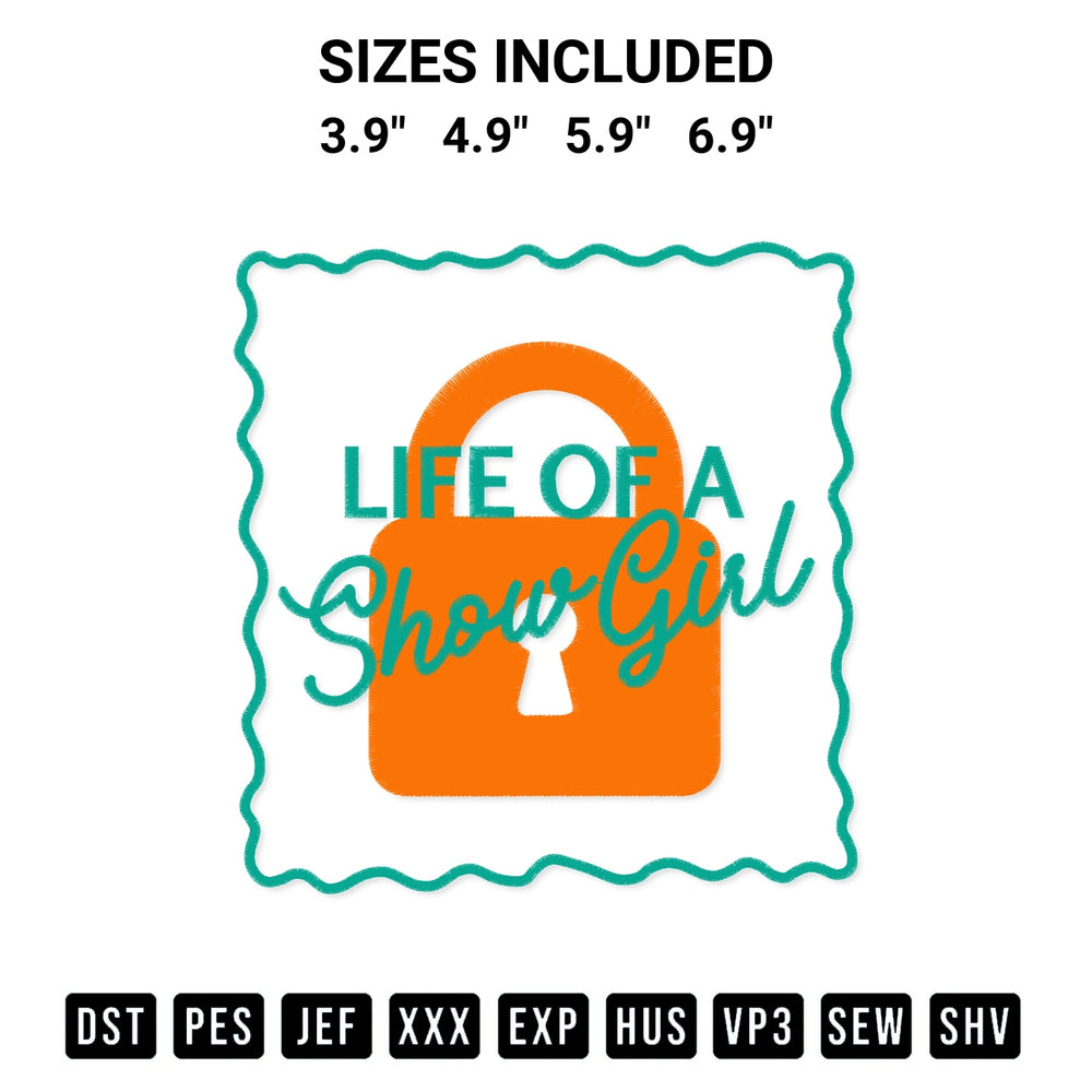 Download the Life Of A Showgirl Lock Embroidery Design machine embroidery design exclusively at Designspacks.com. Premium digitized pattern for apparel and DIY crafts. Available sizes: 3.9", 4.9", 5.9", 6.9".