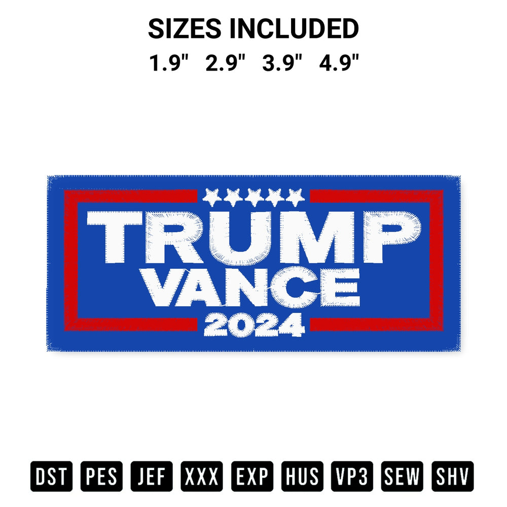 Download the Trump Vance 2024 Patriotic Embroidery Design machine embroidery design exclusively at Designspacks.com. Premium digitized pattern for apparel and DIY crafts. Available sizes: 1.9", 2.9", 3.9", 4.9".