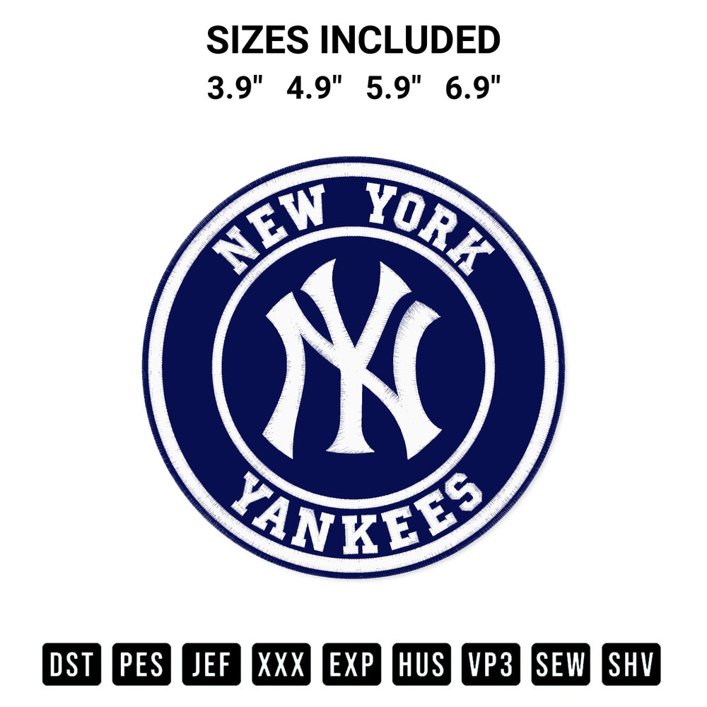 Shop the New York Yankees Circle Logo Embroidery Design machine embroidery pattern at Designspacks.com. Beautifully digitized for flawless stitching on any fabric. Available sizes: 3.9", 4.9", 5.9", 6.9".
