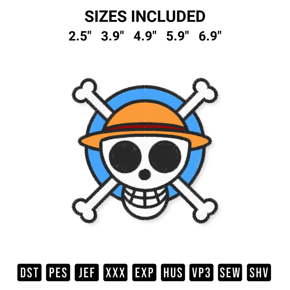 Add a unique touch to your apparel with the New World Luffy Jolly Roger Embroidery Design embroidery file. Premium instant download available now on Designspacks.com. Available sizes: 2.5", 3.9", 4.9", 5.9", 6.9".