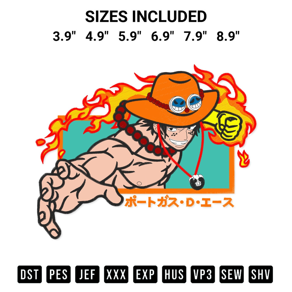 Get the One Piece Portgas D. Ace Embroidery Design embroidery design for your custom crafts! Premium digitized files available for instant download at Designspacks.com. Available sizes: 3.9", 4.9", 5.9", 6.9", 7.9", 8.9".
