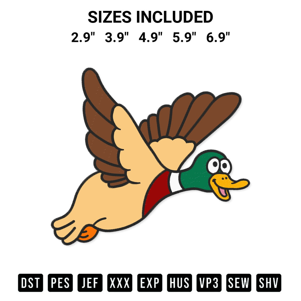 Elevate your next project with our Mallard Duck Flying Embroidery Design embroidery file. Shop high-quality digital patterns instantly at Designspacks.com. Available sizes: 2.9", 3.9", 4.9", 5.9", 6.9".