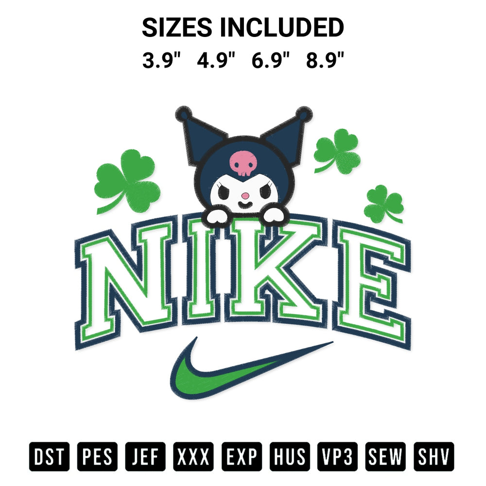 Download the Kuromi St Patricks Day X Nike Embroidery Design machine embroidery design exclusively at Designspacks.com. Premium digitized pattern for apparel and DIY crafts. Available sizes: 3.9", 4.9", 6.9", 8.9".