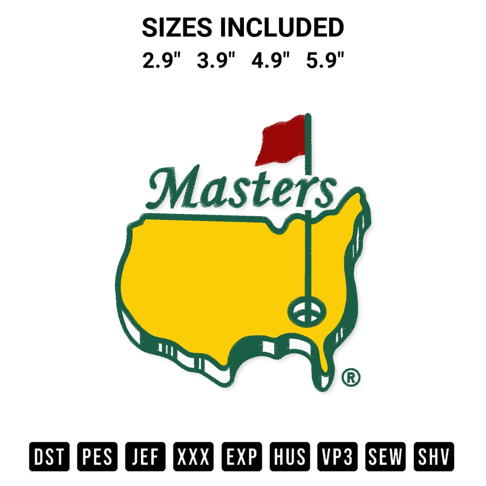 Add a unique touch to your apparel with the Masters Golf Logo Embroidery Design embroidery file. Premium instant download available now on Designspacks.com. Available sizes: 2.9", 3.9", 4.9", 5.9".