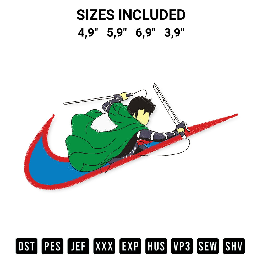 Transform your fabrics with the Nike Levi Anime Attack On Titan Logo Embroidery Design embroidery design. Instant access to premium digitized patterns at Designspacks.com. Available sizes: 4,9", 5,9", 6,9", 3,9".