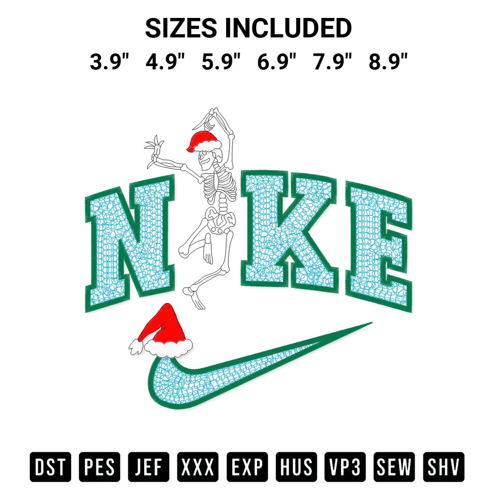 Get the Dancing Skeleton Christmas Nike Embroidery Design embroidery design for your custom crafts! Premium digitized files available for instant download at Designspacks.com. Available sizes: 3.9", 4.9", 5.9", 6.9", 7.9", 8.9".