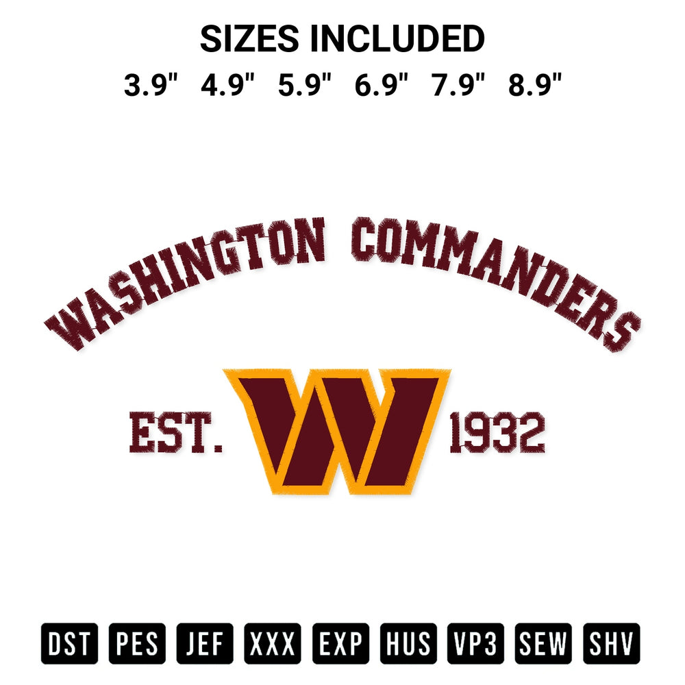 Get the Washington Commanders Est 1932 Embroidery Design embroidery design for your custom crafts! Premium digitized files available for instant download at Designspacks.com. Available sizes: 3.9", 4.9", 5.9", 6.9", 7.9", 8.9".