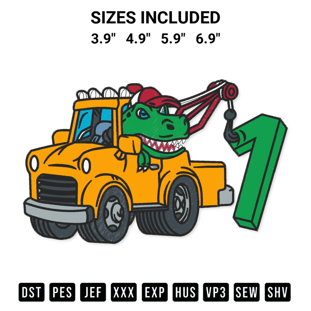 Elevate your next project with our 1Th Birthday Tow Truck Dinosaur Embroidery Design embroidery file. Shop high-quality digital patterns instantly at Designspacks.com. Available sizes: 3.9", 4.9", 5.9", 6.9".