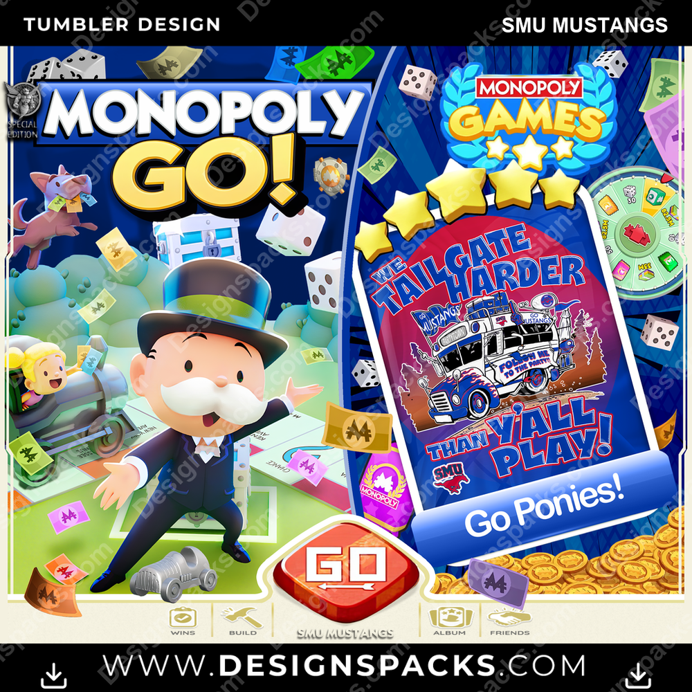 College Sport Monopoly Go! SMU Mustangs Tumbler Digital Wrap Design