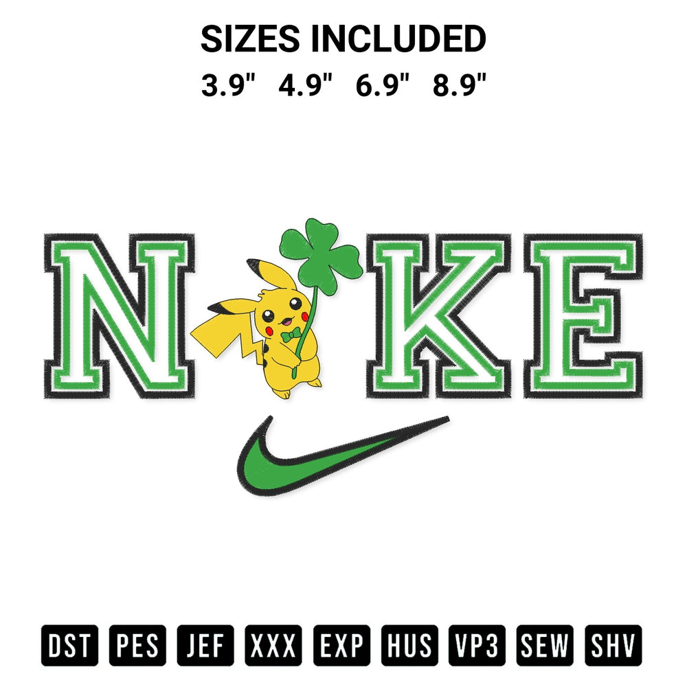 Shop the Pikachu Four Leaf Clover X Nike Embroidery Design machine embroidery pattern at Designspacks.com. Beautifully digitized for flawless stitching on any fabric. Available sizes: 3.9", 4.9", 6.9", 8.9".