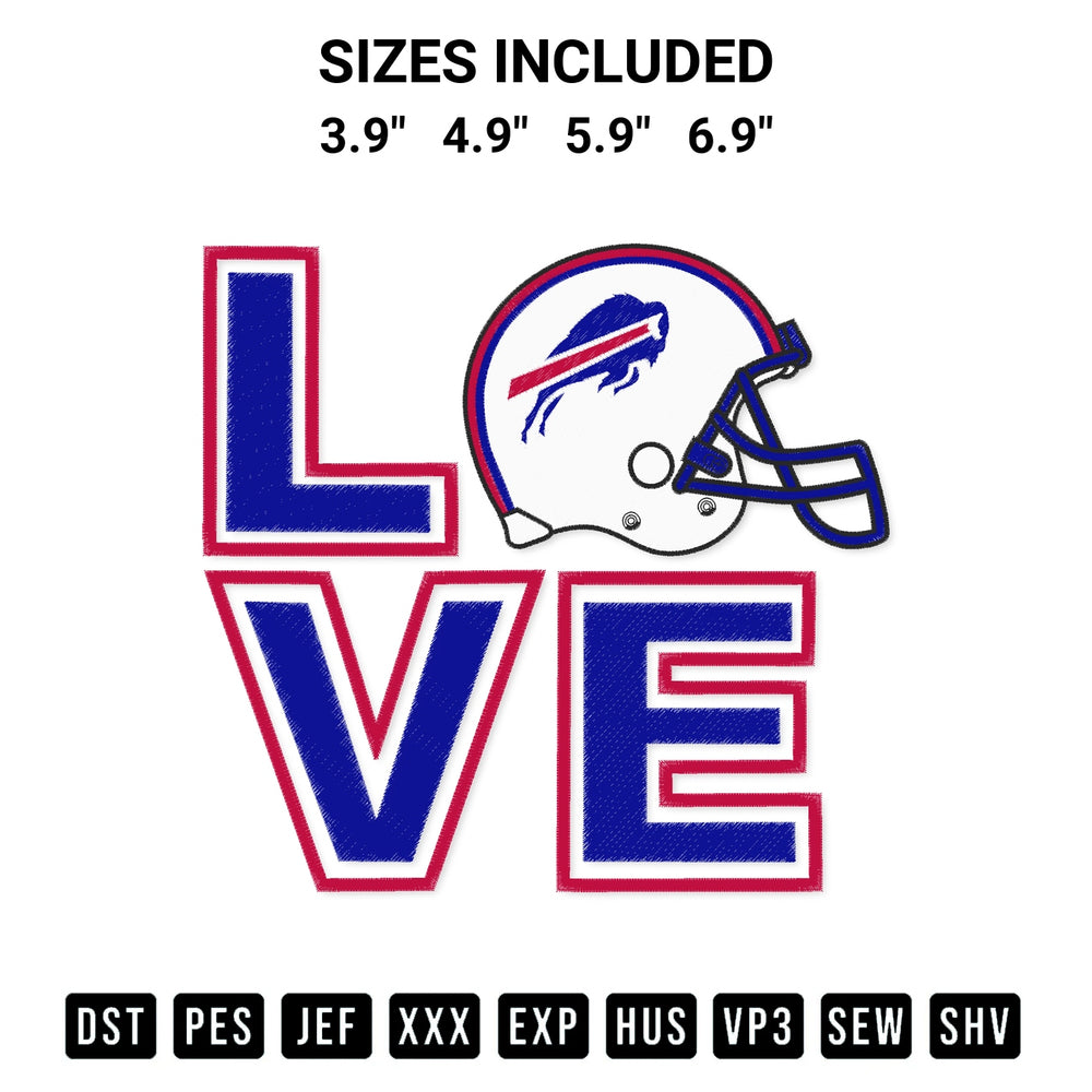 Discover the perfect addition to your crafting collection: Love Buffalo Bills Helmet Embroidery Design embroidery file. Instantly available at Designspacks.com. Available sizes: 3.9", 4.9", 5.9", 6.9".