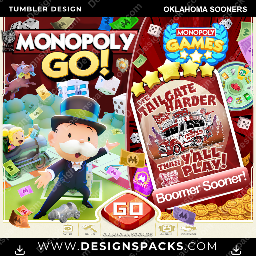 College Sport Monopoly Go! Oklahoma Sooners NCAA College Sport Tumbler Digital Wrap Design Download