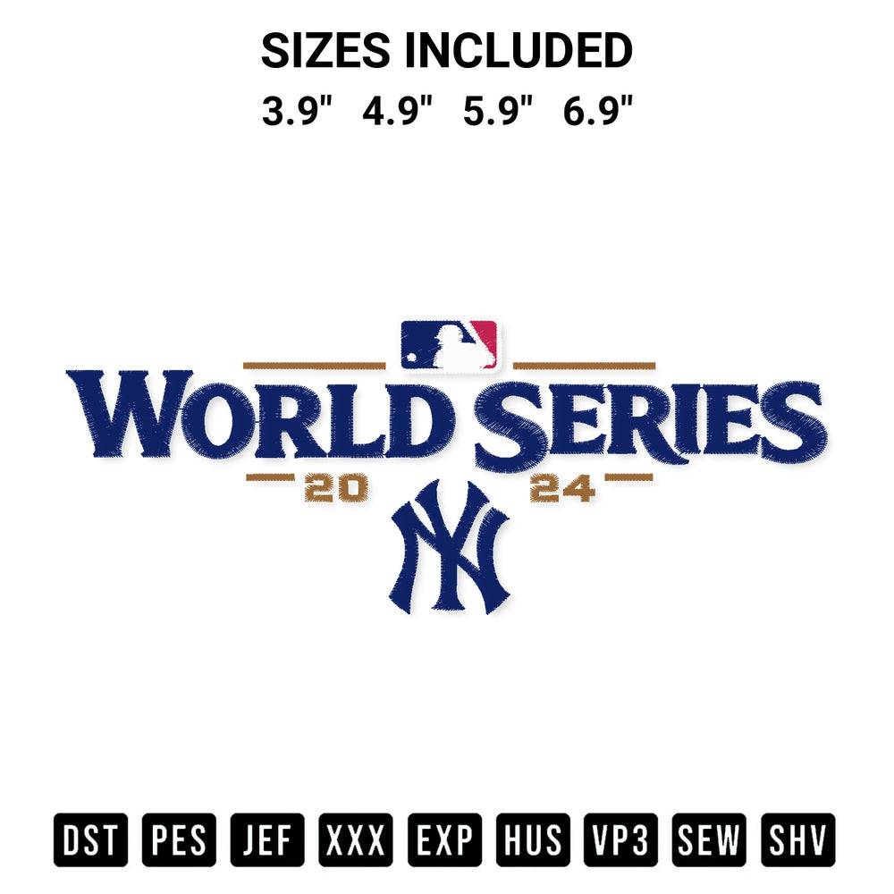 Shop the World Series 2024 Ny Yankees Embroidery Design machine embroidery pattern at Designspacks.com. Beautifully digitized for flawless stitching on any fabric. Available sizes: 3.9", 4.9", 5.9", 6.9".