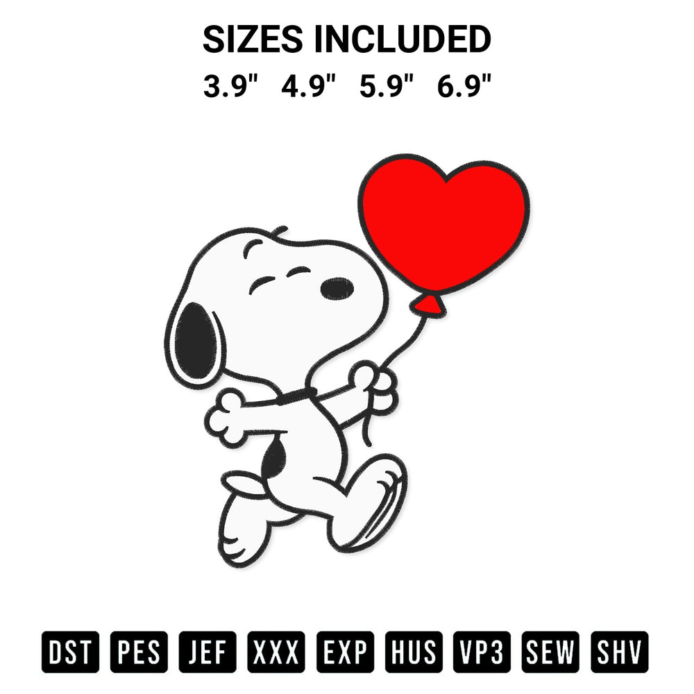 Get the Snoopy With Heart Balloon Embroidery Design embroidery design for your custom crafts! Premium digitized files available for instant download at Designspacks.com. Available sizes: 3.9", 4.9", 5.9", 6.9".