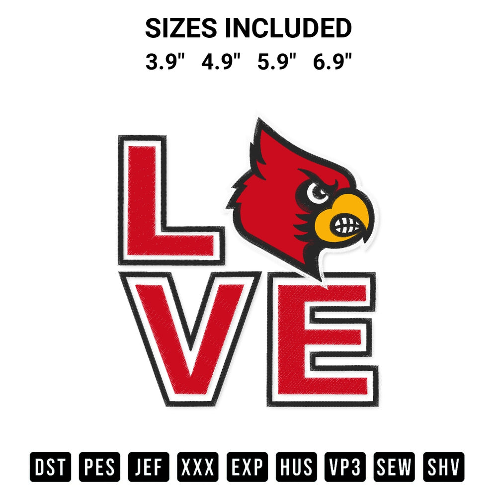 Download the Love Louisville Cardinals Embroidery Design machine embroidery design exclusively at Designspacks.com. Premium digitized pattern for apparel and DIY crafts. Available sizes: 3.9", 4.9", 5.9", 6.9".