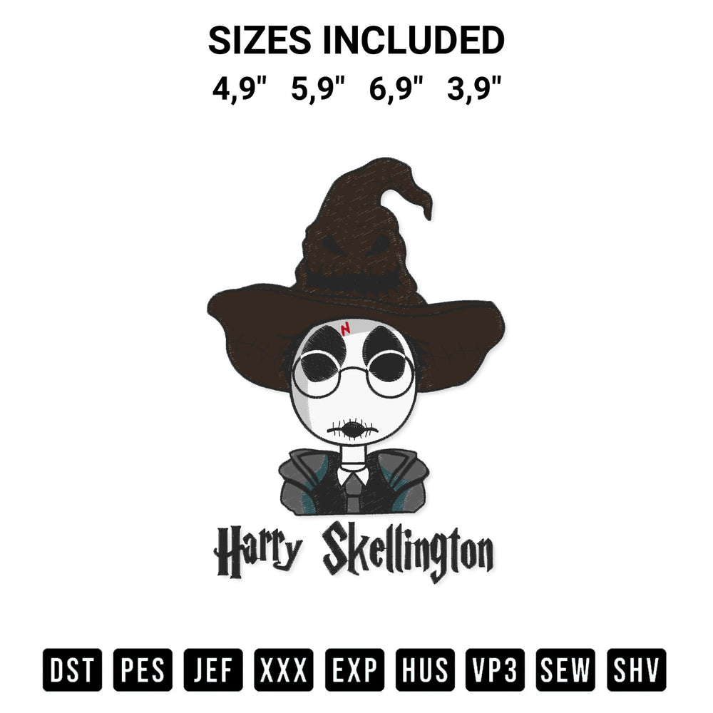 Discover the perfect addition to your crafting collection: Harry Skellington Wizard Halloween Harry Potter X Jack Skellington Logo Embroidery Design embroidery file. Instantly available at Designspacks.com. Available sizes: 4,9", 5,9", 6,9", 3,9".