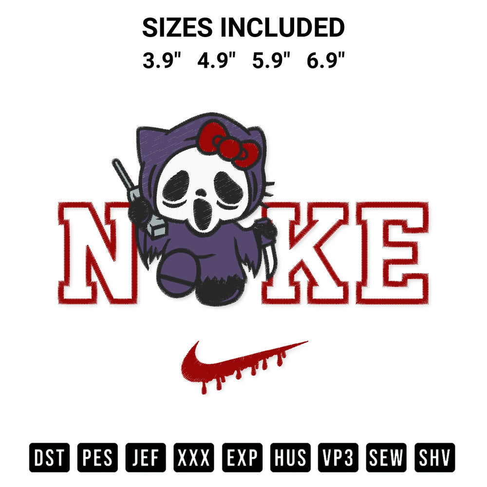 Stitch like a pro with the Nike Hello Kitty Ghostface Embroidery Design embroidery pattern from Designspacks.com. High-quality digital machine embroidery file. Available sizes: 3.9", 4.9", 5.9", 6.9".