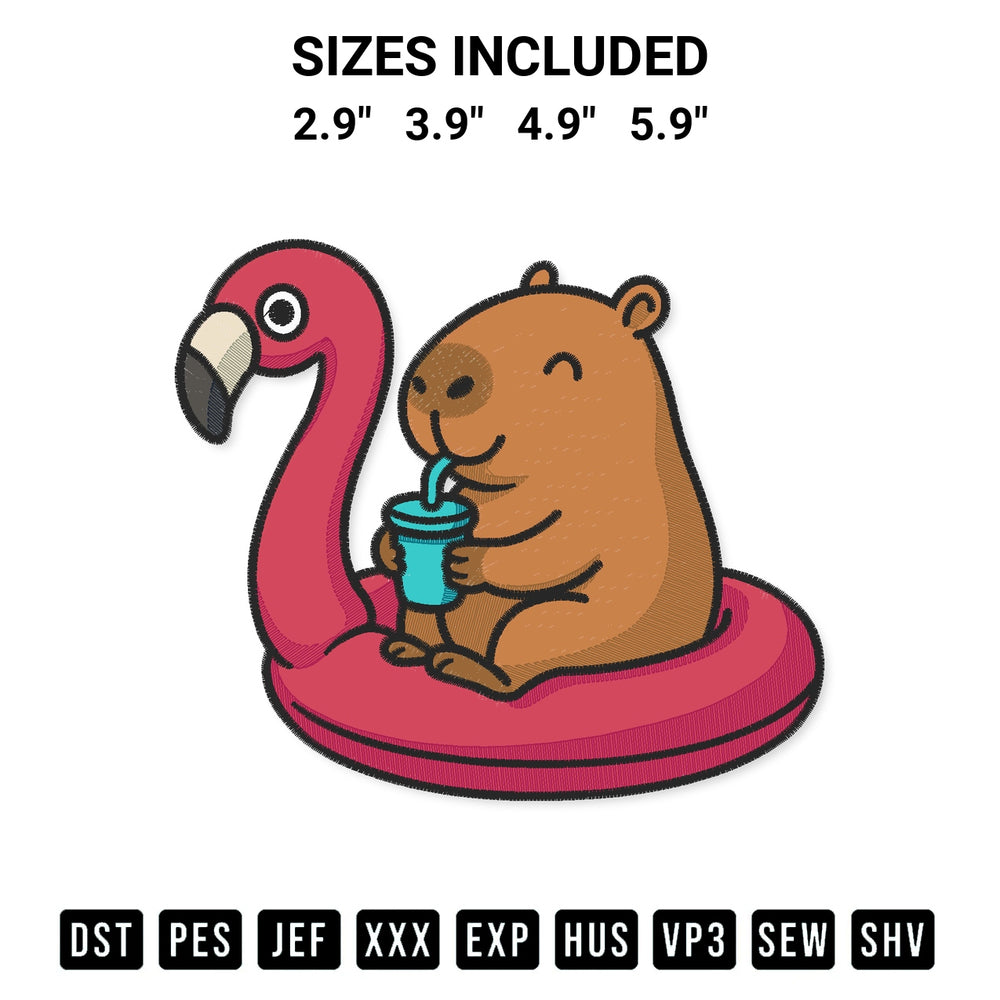 Download the Capybara On Flamingo Pool Float Embroidery Design machine embroidery design exclusively at Designspacks.com. Premium digitized pattern for apparel and DIY crafts. Available sizes: 2.9", 3.9", 4.9", 5.9".