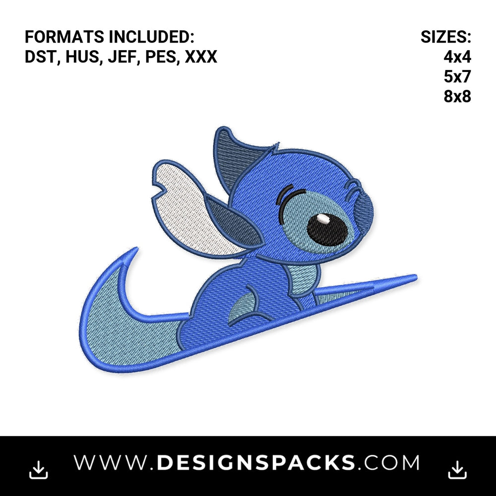 Stitch Sitting on Swoosh Embroidery Design - Instant digital download pattern at Designspacks.com
