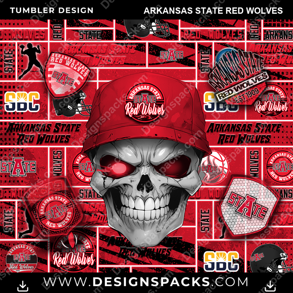 College Sport Skull Arkansas State Red Wolves NCAA College Sport Tumbler Digital Wrap Design Download