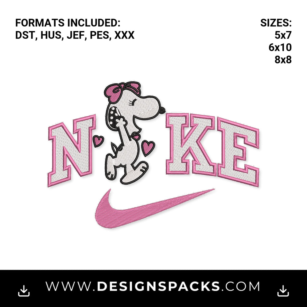 Pink Varsity Snoopy Nike Swoosh Embroidery Design - Instant digital download pattern at Designspacks.com