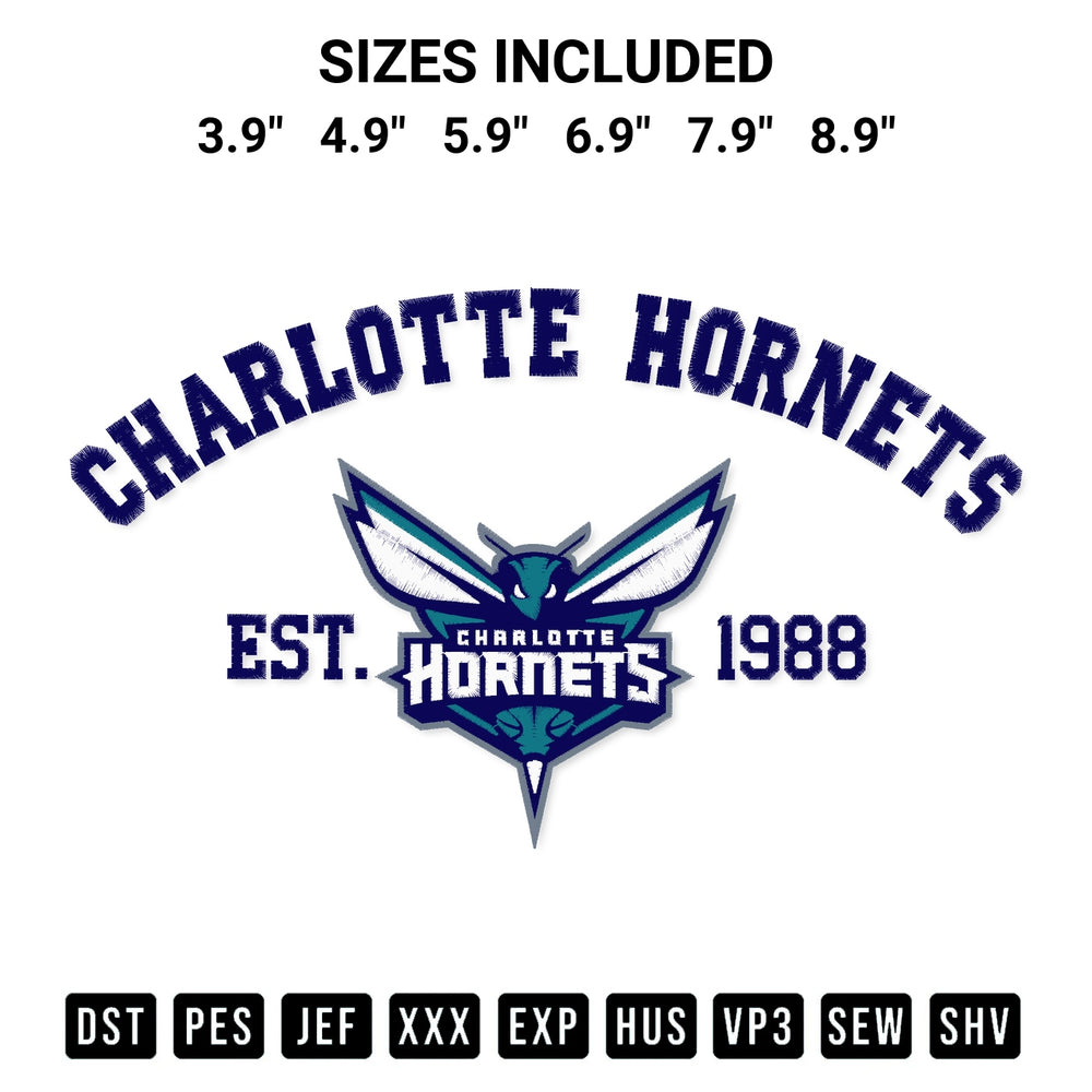 Elevate your next project with our Charlotte Hornets Est 1988 Embroidery Design embroidery file. Shop high-quality digital patterns instantly at Designspacks.com. Available sizes: 3.9", 4.9", 5.9", 6.9", 7.9", 8.9".