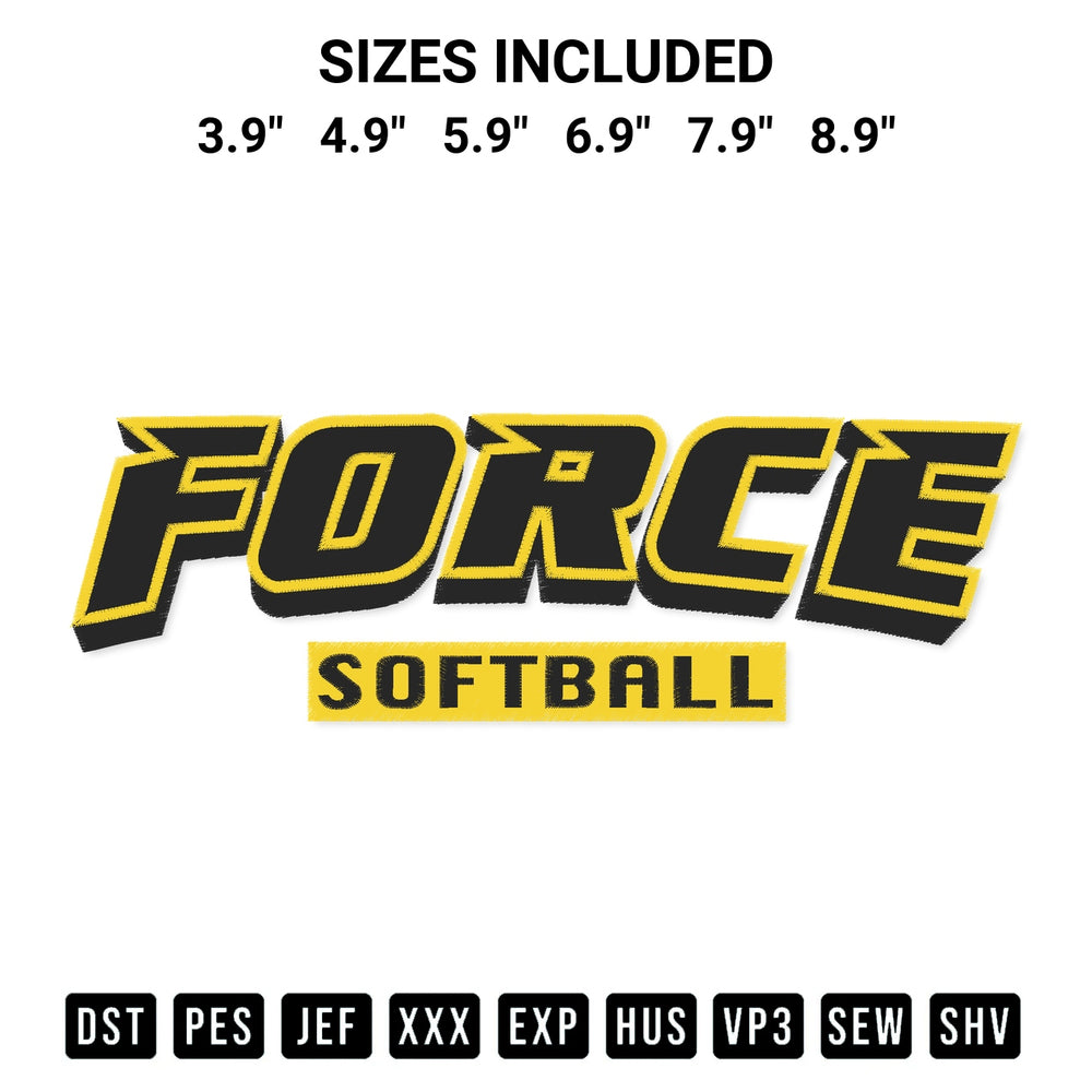 Get the Force Softball Logo Embroidery Design embroidery design for your custom crafts! Premium digitized files available for instant download at Designspacks.com. Available sizes: 3.9", 4.9", 5.9", 6.9", 7.9", 8.9".