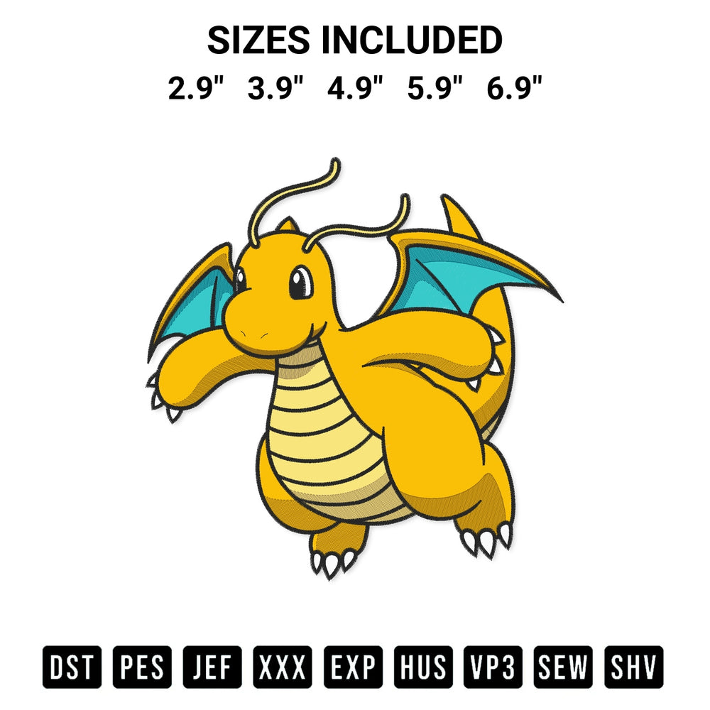 Get the Dragonite Pokemon Embroidery Design embroidery design for your custom crafts! Premium digitized files available for instant download at Designspacks.com. Available sizes: 2.9", 3.9", 4.9", 5.9", 6.9".