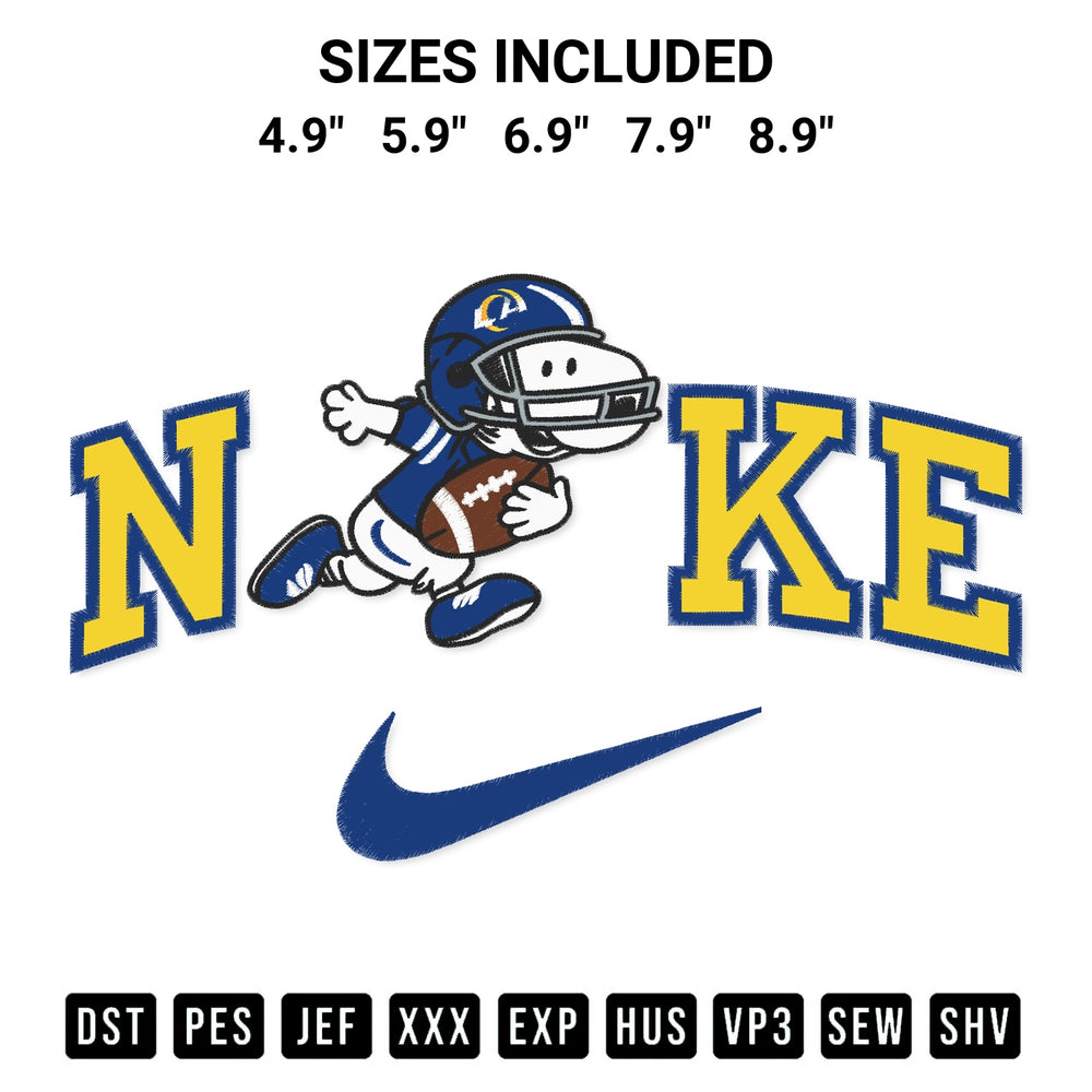 Discover the perfect addition to your crafting collection: Nike Snoopy Los Angeles Rams Embroidery Design embroidery file. Instantly available at Designspacks.com. Available sizes: 4.9", 5.9", 6.9", 7.9", 8.9".