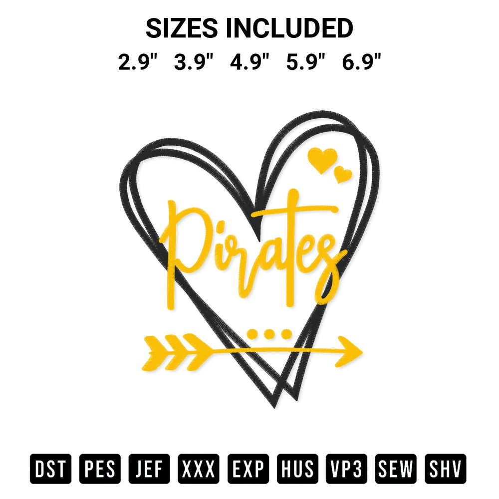 Discover the perfect addition to your crafting collection: Pittsburgh Pirates Heart Embroidery Design embroidery file. Instantly available at Designspacks.com. Available sizes: 2.9", 3.9", 4.9", 5.9", 6.9".
