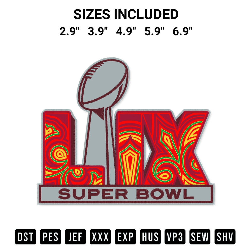 Looking for the perfect pattern? Download the Super Bowl Lix National Football League Nfl Embroidery Design embroidery design today at Designspacks.com. Crisp, clean stitching guaranteed. Available sizes: 2.9", 3.9", 4.9", 5.9", 6.9".
