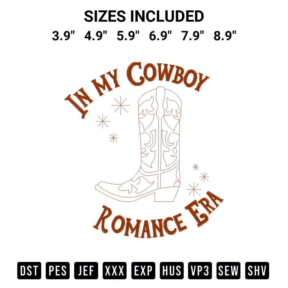 Create amazing crafts with the In My Cowboy Romance Era Embroidery Design embroidery file. High-quality digital download from Designspacks.com, perfect for beginners and pros. Available sizes: 3.9", 4.9", 5.9", 6.9", 7.9", 8.9".