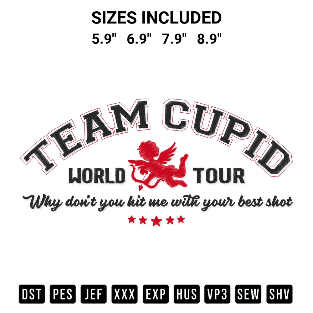 Elevate your next project with our Team Cupid Valentines Day Embroidery Design embroidery file. Shop high-quality digital patterns instantly at Designspacks.com. Available sizes: 5.9", 6.9", 7.9", 8.9".