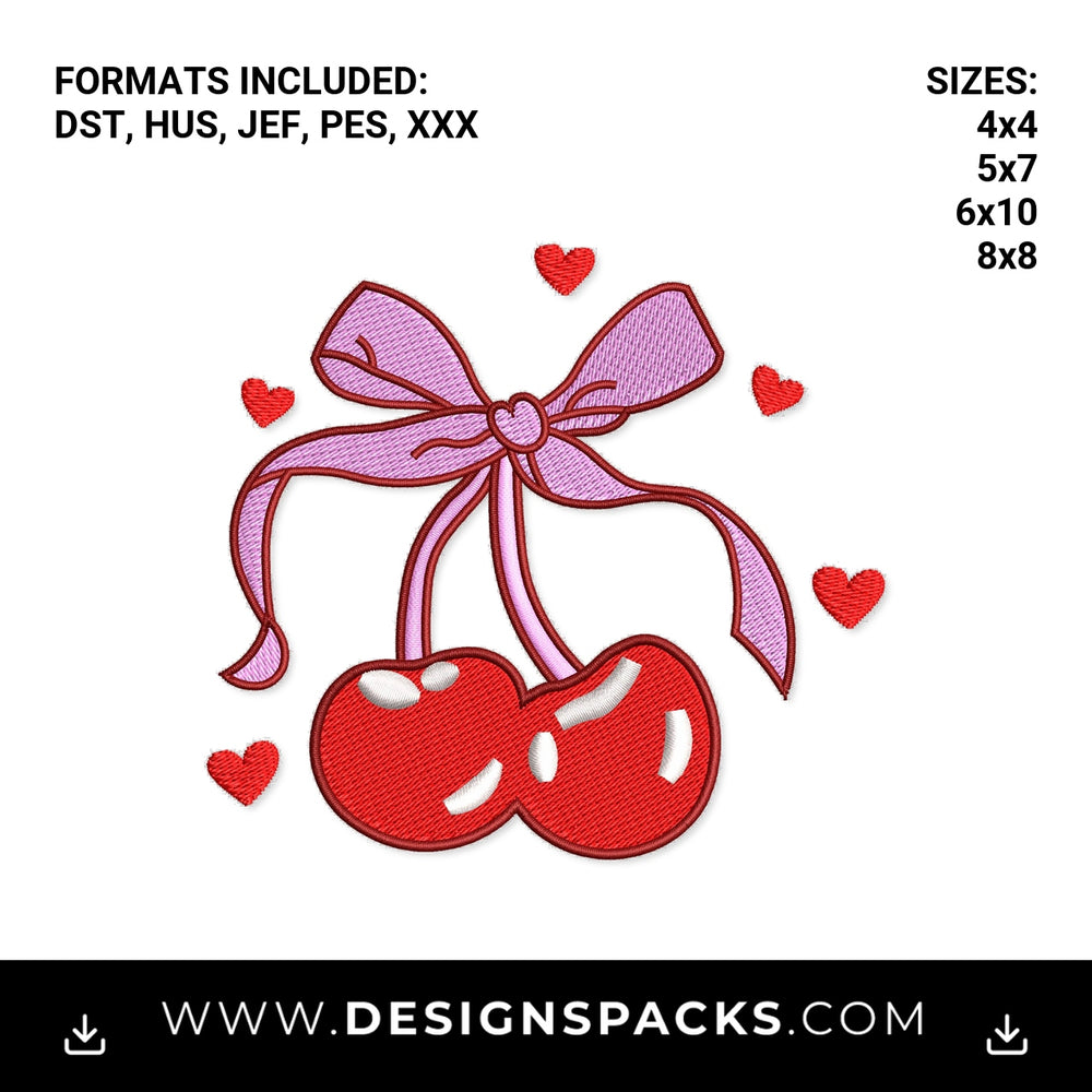 Cute Cherries with Pink Bow & Hearts Embroidery Design - Instant digital download pattern at Designspacks.com