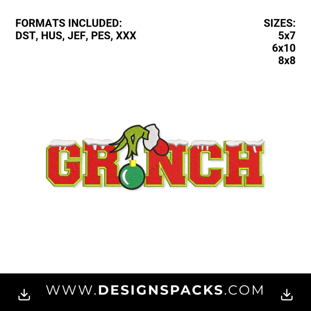 Snowy Grinch Christmas Letters Embroidery Design - Instant digital download pattern at Designspacks.com